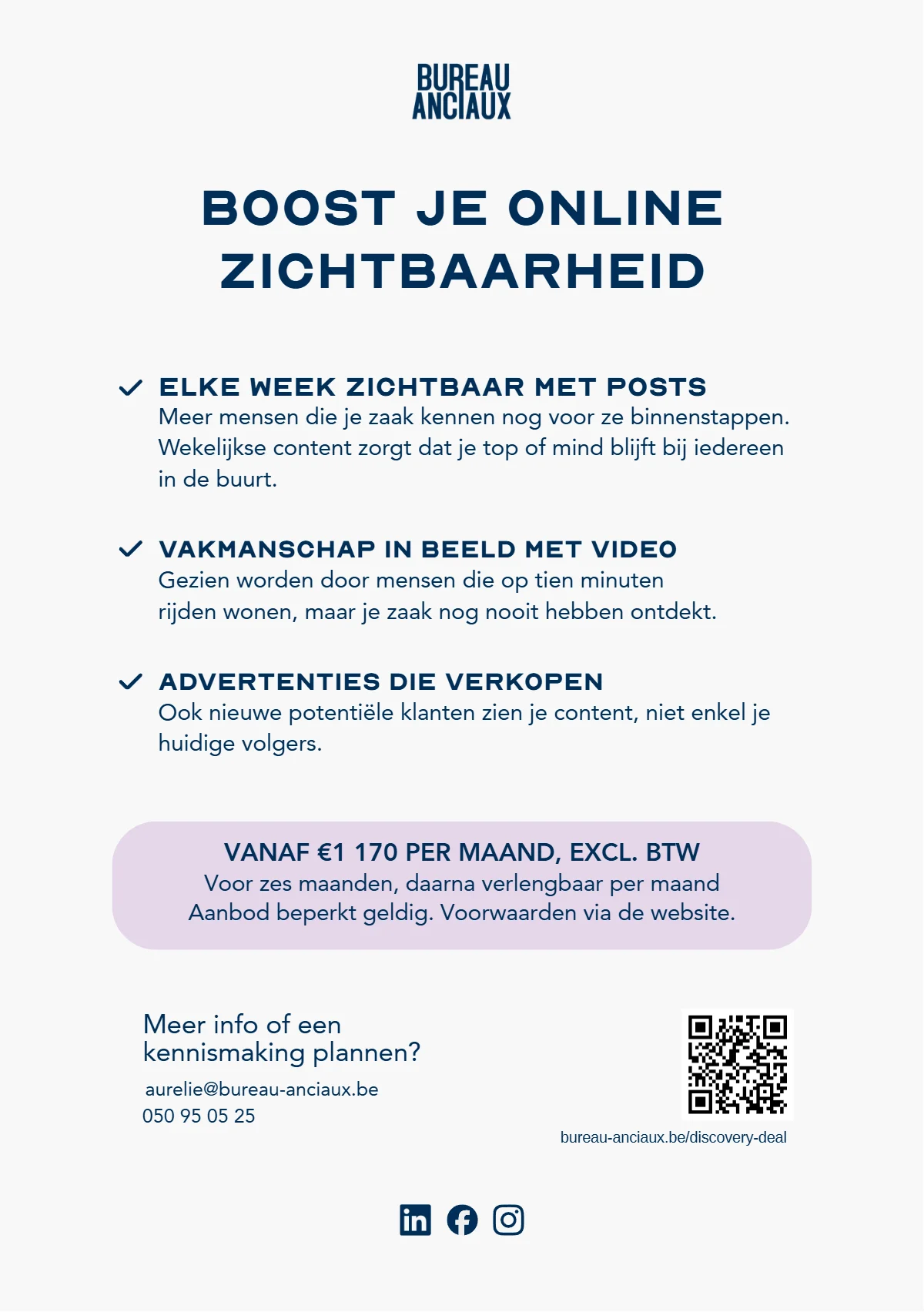 Achterkant van de flyer voor Bureau Anciaux met het aanbod en contactgegevens